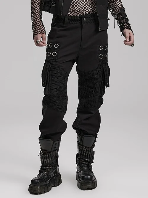 Black Non Stretch Camouflage Printed Woven Patchwork Ripped Mesh Metal Hoop Embellished Punk Style Casual Trousers