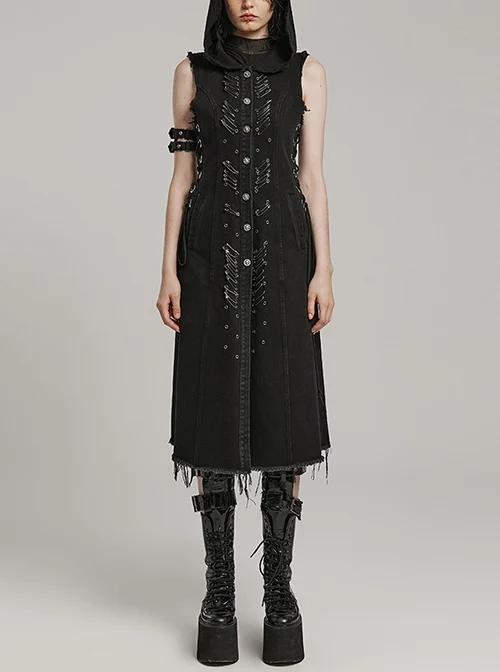 Black Non Stretch Denim Raw Edge Side Drawstring Link Front Center Pin Decoration Punk Style Decadent Hooded Long Vest