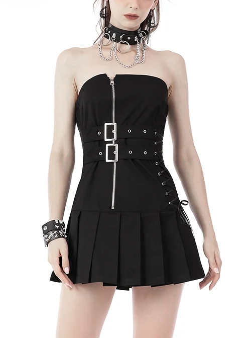 Black Non-Stretch Fitted Ruched Side Drawstring Biker Punk Mini Dress