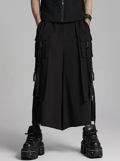 Black Non Stretch Twill Woven Side Personalized Loop Pocket Design Punk Style Loose Cropped Pants