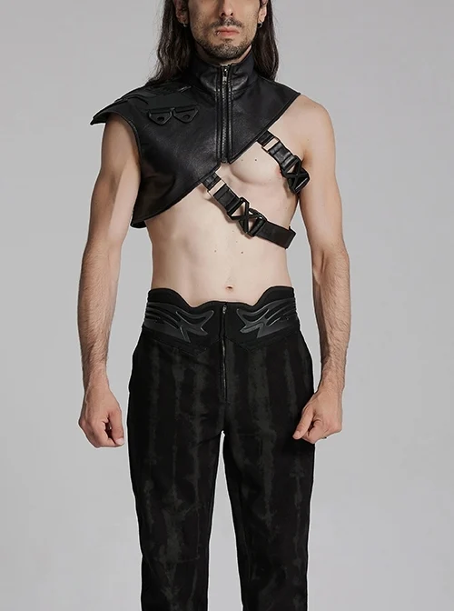 Black Oblique Shoulder Stand Collar Personalized Laminated Double Oblique Buckle Design Punk Style Handsome Shoulder Armor Strap