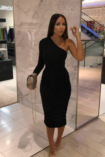 Black One Shoulder Ruched Slinky Midi Dress - Savannah