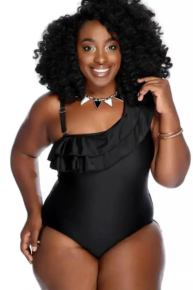 Black One Shoulder Strap Ruffle Beaded Detail One Piece Swimsuit Plus
