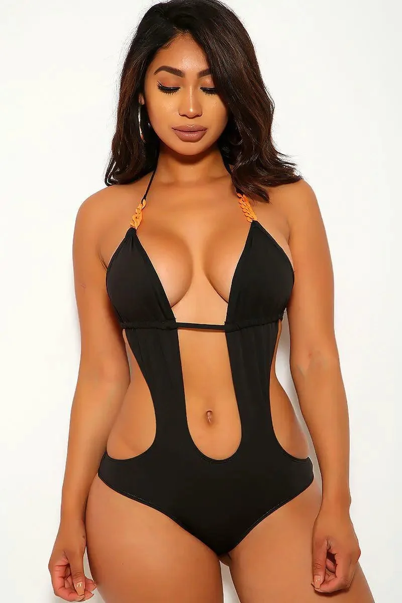 Black Orange Chain Halter Monokini