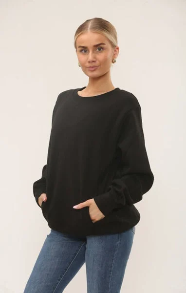 Black Oversized Crew Neck Rib Cuff & Hem Long Sleeve Sweatshirt With Pocket Detail - Melanie
