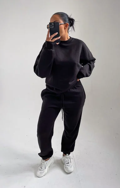 Black Oversized Crew Neck Sweatshirt Cuffed Joggers Loungewear Set - Averi