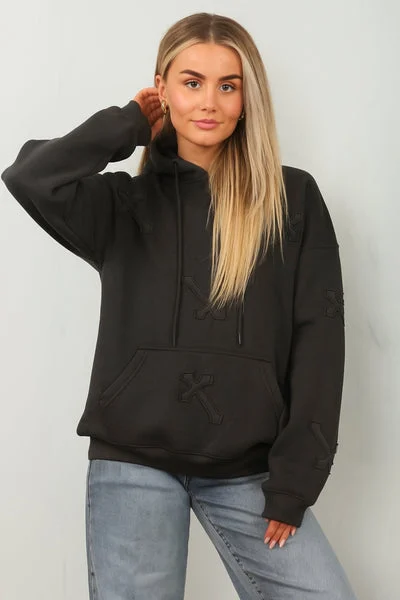 Black Oversized Crucifix Cross Embroidered Hoodie - Ronisa