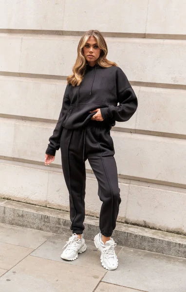 Black Oversized Drawstring Pocket Hoodie Seam Front Cuffed Joggers Loungewear Set - Kendra