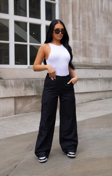 Black Oversized Straight Leg Two Side Pockets Cargo Trousers - Ella