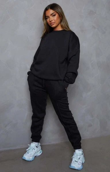 Black Oversized Sweatshirt & Front Seam Joggers Loungewear Set - Seville