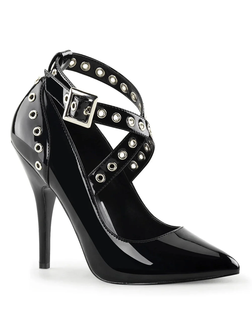 Black Patent Leather Pump with Crisscross Eyelet-Hole Punch, Seduce-443