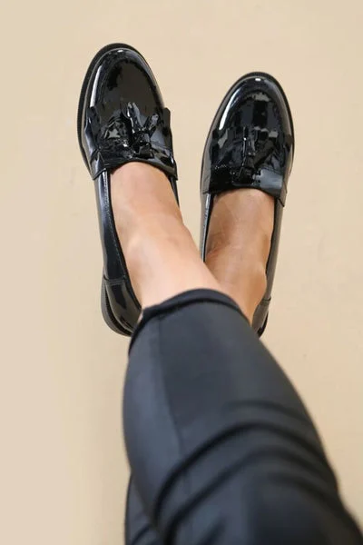 Black Patent Slip On Flat form Loafer Shoes With Tassel - Elysia