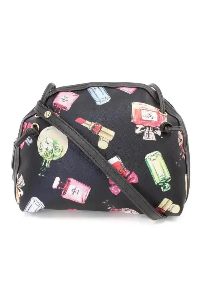 Black Perfume Print Mini Faux Leather Handbag
