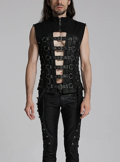 Black Personality Twill Stitching Vertical Stripes Laminated Front Half Hollow With Japanese Word Button Design Punk Style Vest