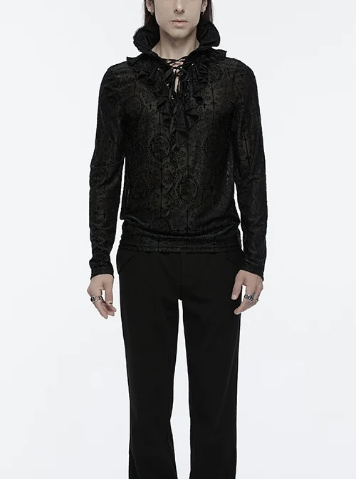 Black Personalized Embossed Velveteen With Ruffled High Collar And Center Front Eyelet Rope Gothic Style Long Sleeved T-Shirt