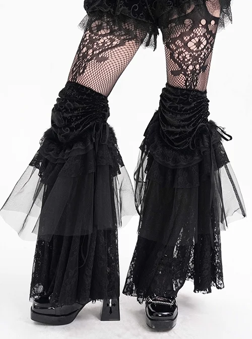 Black Personalized Lace Patchwork Fishtail Pleated Gothic Style Layered Leg Guards