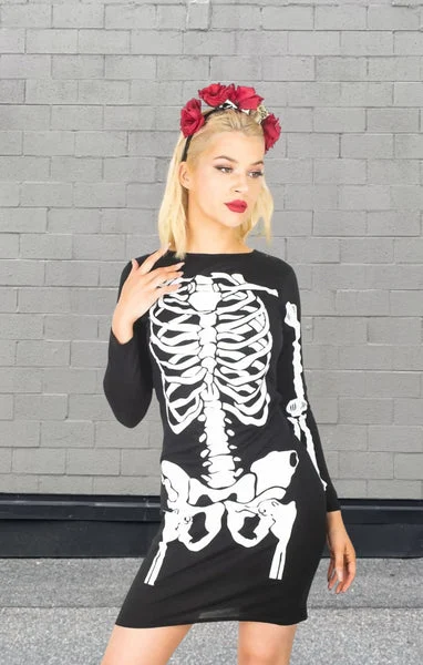 Black Petite Halloween Skeleton Long Sleeve Print T-Shirt Dress- Haina