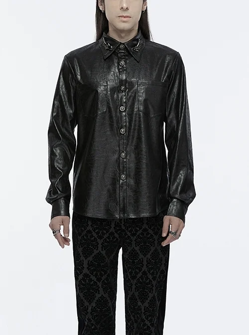 Black Pleated Non Stretch Faux Leather Collar Dragon Scale Decorative Tabs And Gothic Style Skull Long Sleeved Shirt