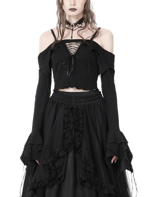 Black Pleated Sexy Off-The-Shoulder Cutout Rope Gothic Camisole Top