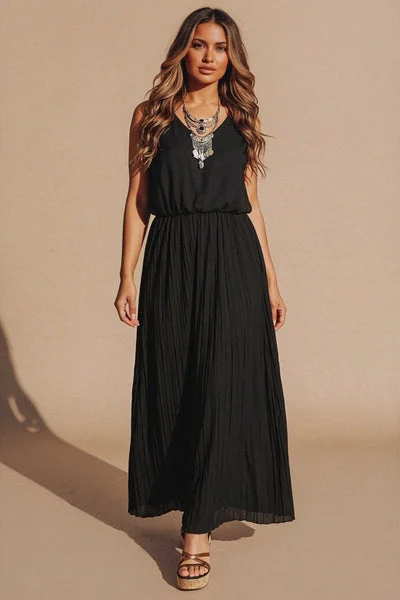 Black Pleated Sleeveless V Neck Maxi Dress - Tresya