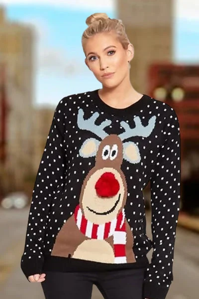 Black Polka Dot Reindeer Pom Pom Christmas Knit Jumper- Kinnse