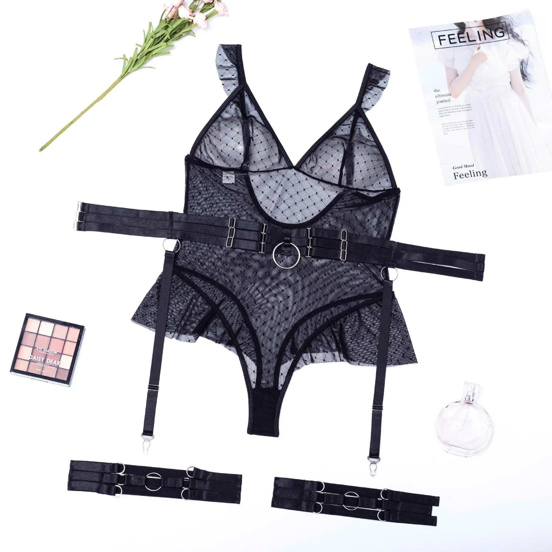 Black Polka Dot Sheer Bodysuit Lingerie