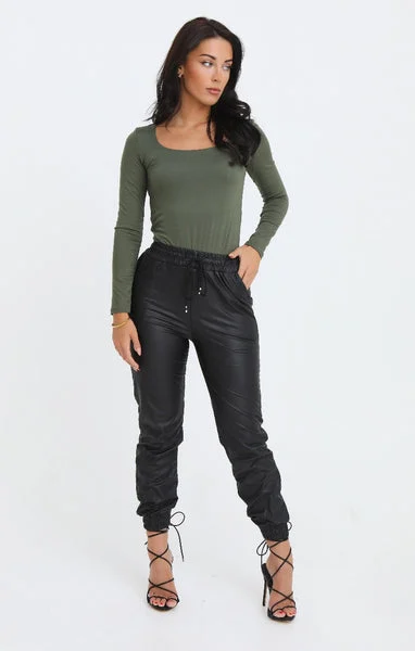 Black PU Elasticated Waist Drawstring Semi Fitted Jogger - Mia