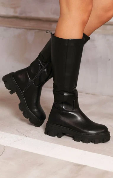 Black PU Faux Leather Chunky Platform Zip Up Knee High Biker Boots - Vada