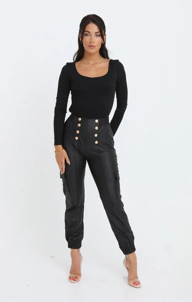 Black PU High Waisted Cargo Fit Gold Button Detailing Jogger - Camila