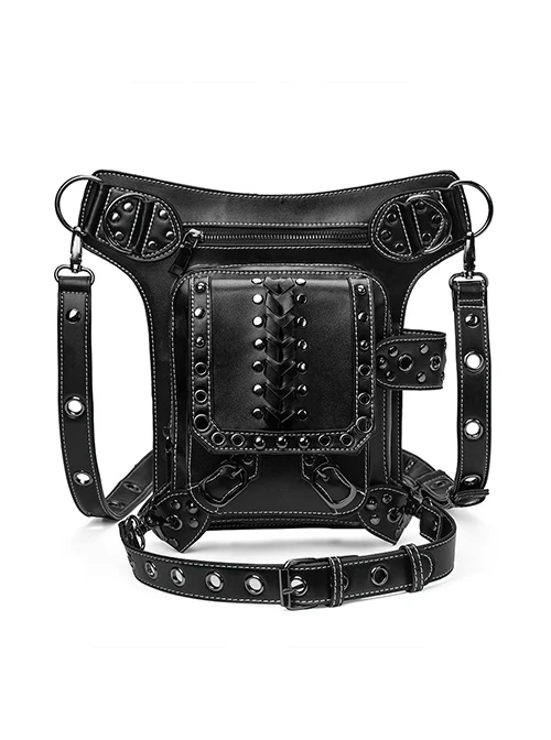 Black PU Leather Adjustable Magnetic Buckle Metal Rivet Punk Style Unisex Multipurpose Satchel Bag