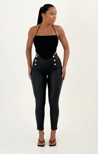 Black PU Leather High Waisted Double Button Leggings - Geo