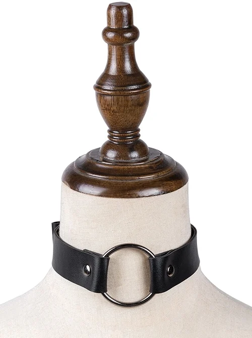 Black PU Leather Link Metal Ring Adjustable Punk Style Collar
