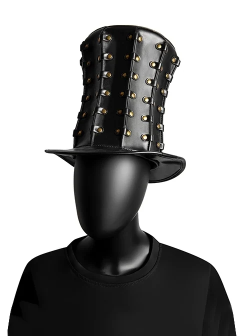 Black PU Leather Stitching Metal Rivet Tall Punk Unisex Banquet Hat