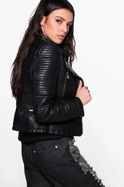 Black Quilted Sleeve Faux Leather Biker Jacket - Pearl