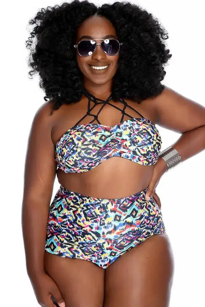Black Rainbow Halter Strappy Ruched High Waist Two Piece Swimsuit Plus