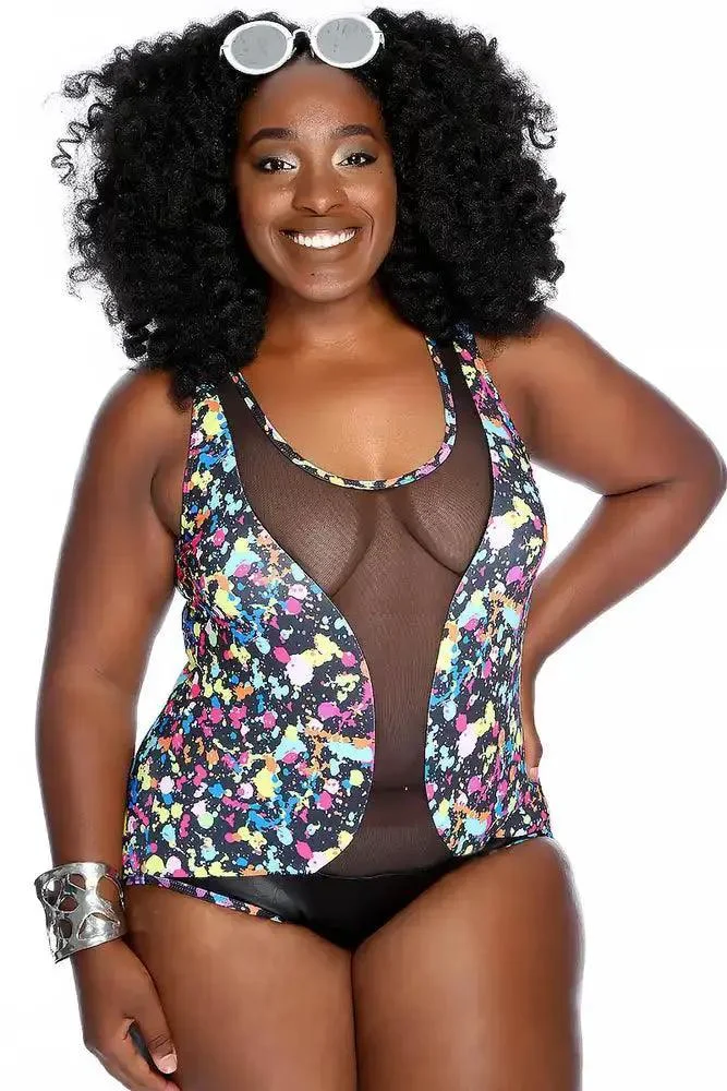 Black Rainbow Paint Splat Print Cutout Mesh One Piece Swimsuit Plus