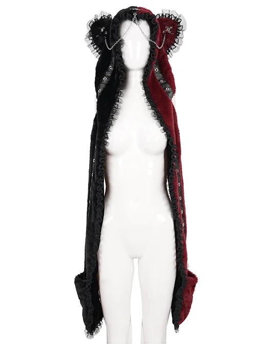 Black And Red Devil Sheep Head Chain With Metal Skull Palm Punk Wind Plush Hooded Scarf