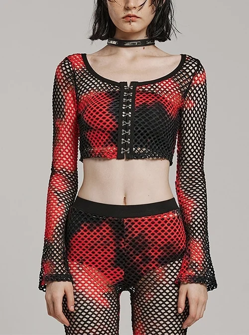 Black And Red Mesh Stitching Knitted Chest Hook Decoration Punk Style See Through Long Sleeved T-Shirt