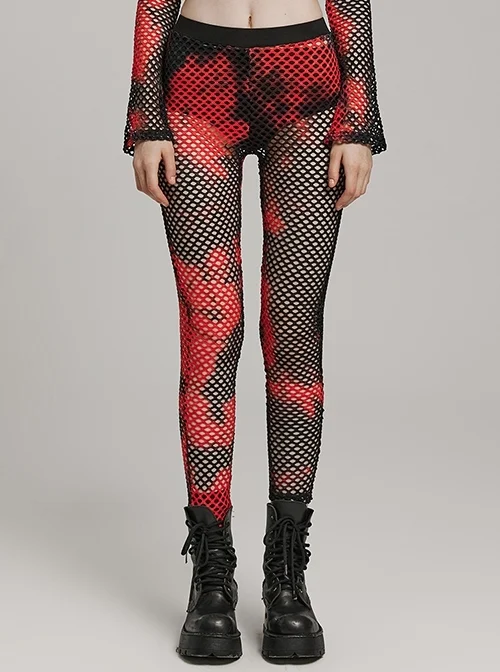 Black And Red Mesh Stitching Knitted Sexy Punk Style See Through Leggings