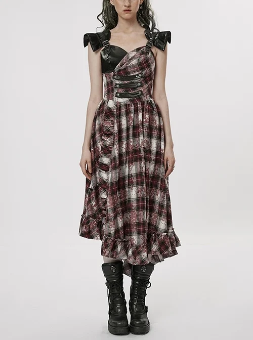 Black And Red Plaid Stitching Stretch Shiny Fine Grain Leather Shoulder Straps Adjustable Air Cushion Irregular Lotus Leaf Hem Punk Style Dress