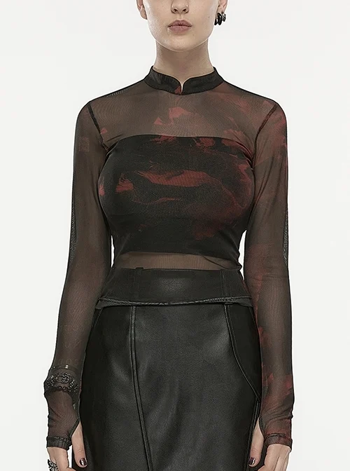Black And Red Stretch Mesh Anti-Bloom Stand Collar Punk Long Sleeve T-Shirt