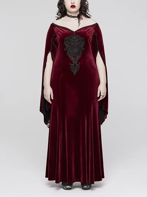 Black And Red Stretch Velvet Lace V-Neck Oversized AppliquéD Rope Back Gothic Gown Dress