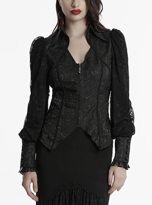 Black Retro Exquisite Jacquard Pattern Sexy V Neck Lace Patchwork Design Gothic Style Lantern Sleeves Shirt
