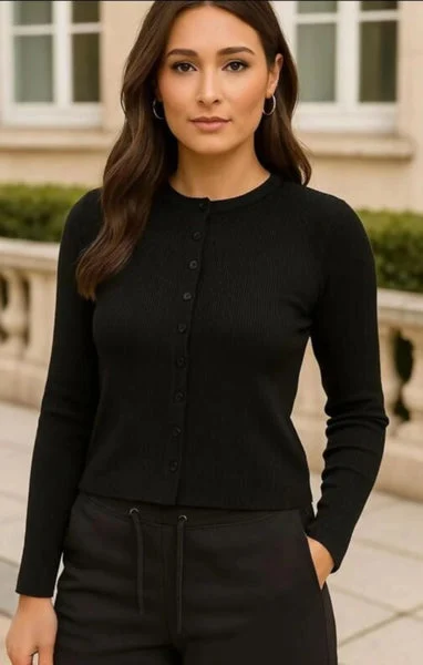 Black Ribbed Molly Button Through Top - Rosita