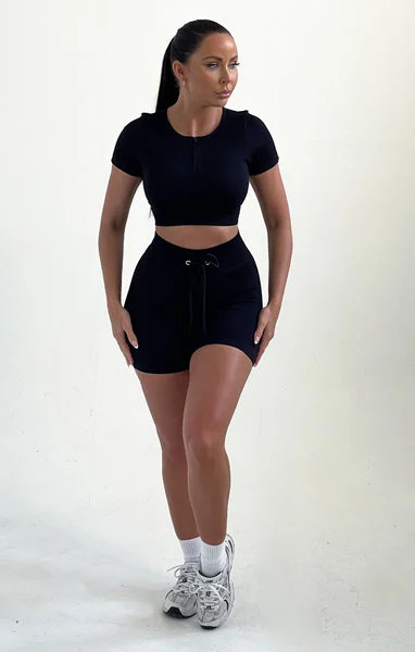 Black Ribbed Short Sleeve Zip Up Activewear Set - Emiliana