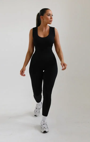 Black Ribbed Sleeveless Fitted Jumpsuit - Tahlia
