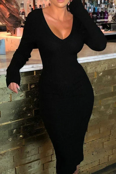 Black Ribbed V Neck Midi Jumper Dress - Ivy