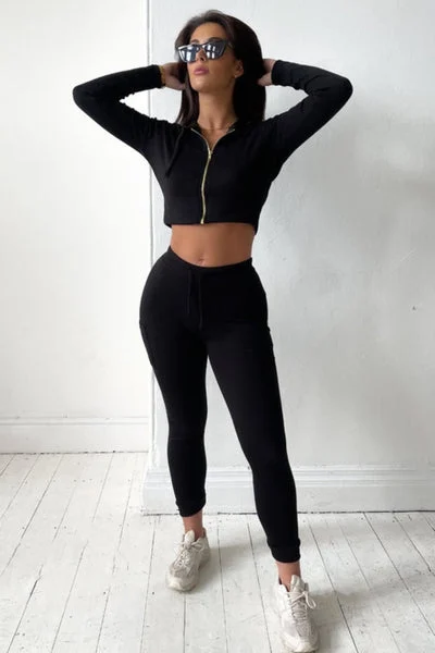 Black Ribbed Zip Front Hoodie & Joggers Two Piece Set - Callie