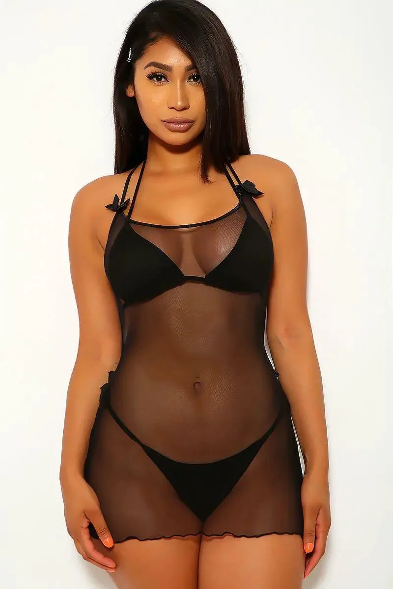 Black Ruffled Strappy Three Piece Swimsuit Set