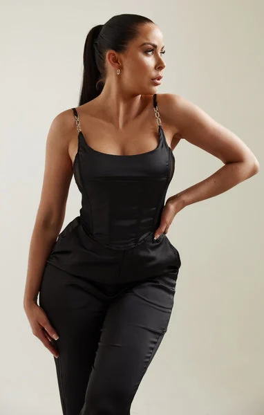 Black Satin Chain Detail Corset Top - Shay